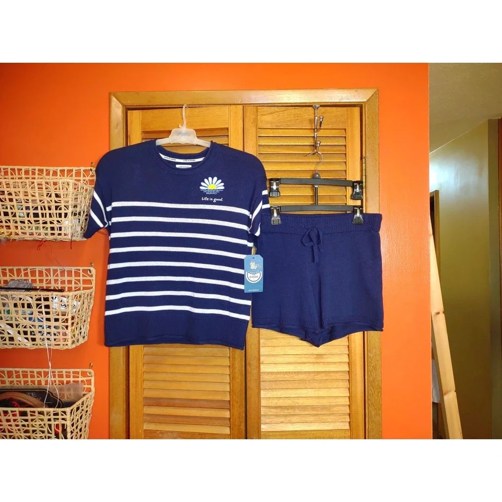Life is Good Knit Sweater Lounge Set Navy Blue NEW Womens Medium Striped‎ Daisy